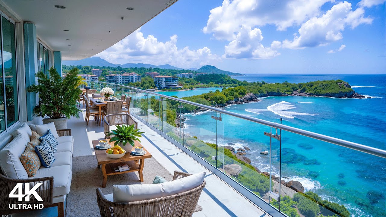 Morning Balcony Ambience with an Ocean View ~ Upbeat Bossa Nova Jazz & Waves Sound for Work, Study
