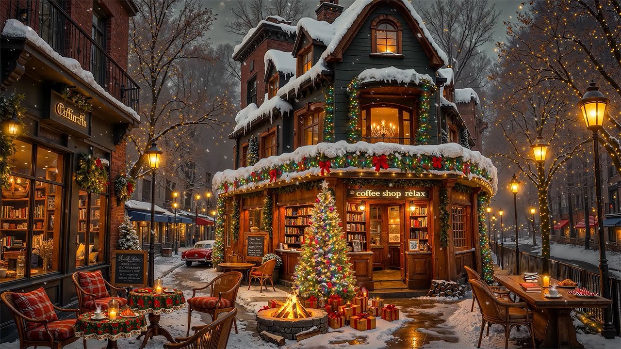 Work, Study at Cozy Street Coffee Shop Ambience 🎄 Warm Christmas Jazz Music & Gently Fireplace Sound