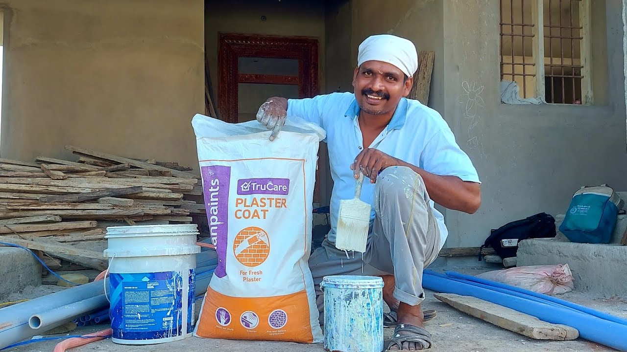 புதிய வீடு சிமெண்ட் சுவரில் PLASTER COAT அடிப்பது|House painting white cement apply|Januarts 