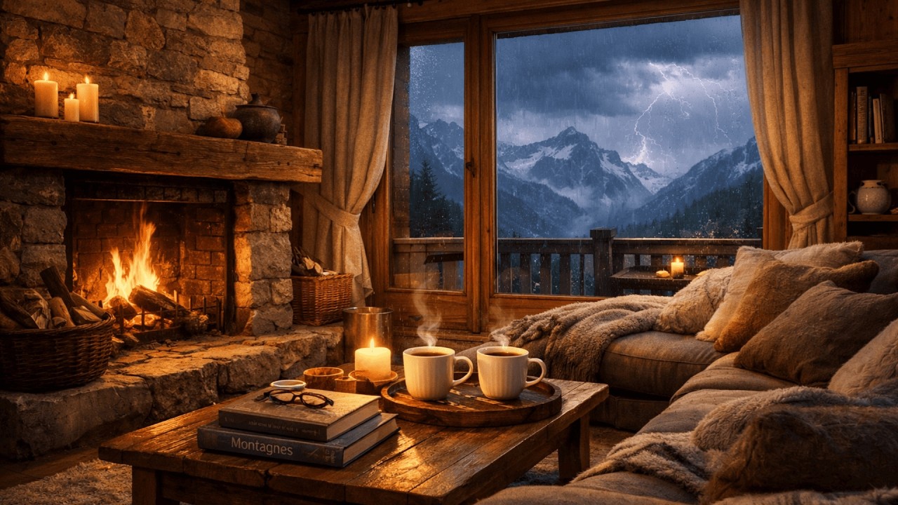 Stormy Night in a Cosy Luxurious French Alps Chalet ⛈️ Fireplace, Rain & Storm Ambience 10 Hours