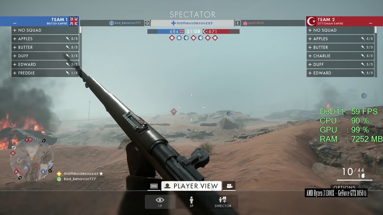 GeForce GTX 1050 ti -- AMD Ryzen 3 1300X -- Battlefield 1  FPS Test -- Sinai Desert