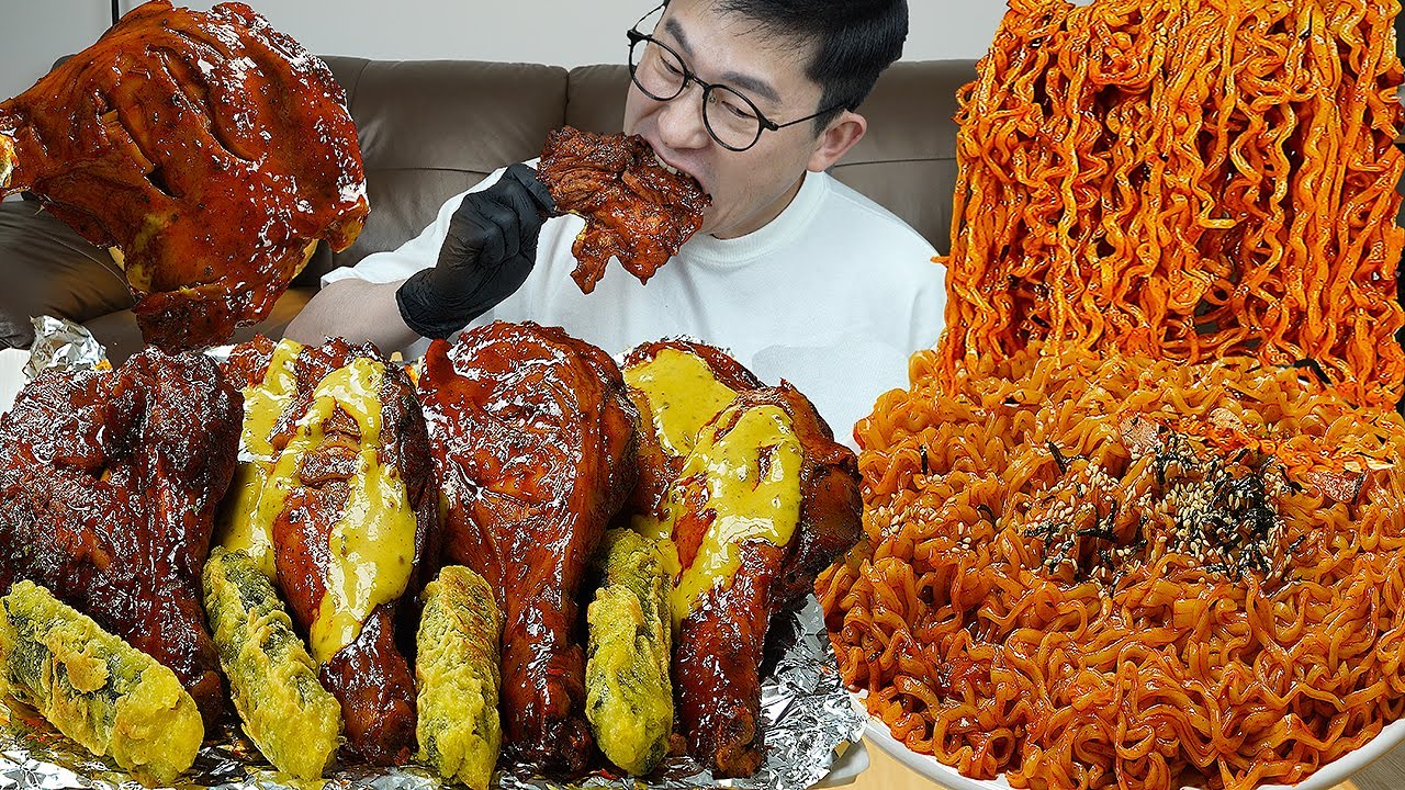 ASMR MUKBANGㅣSpicy Fire Noodles & BBQ Jamaican ChickenㅣEATING SHOW