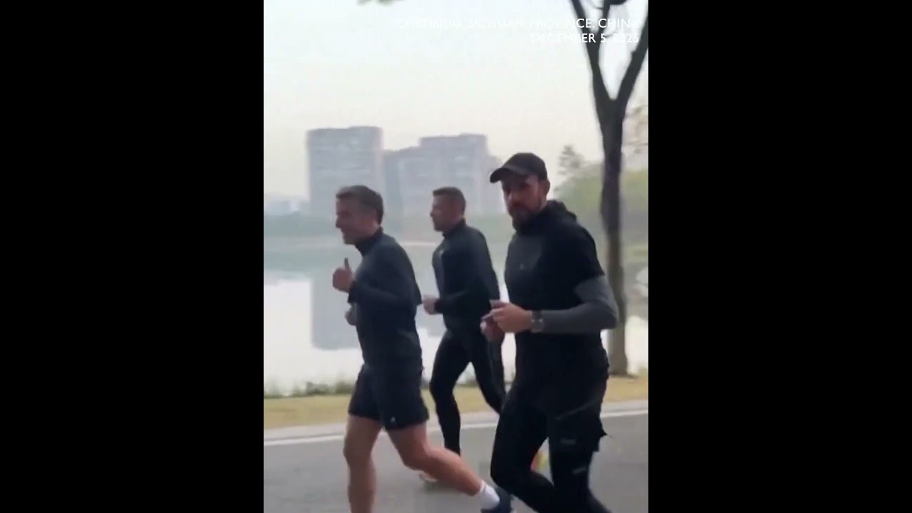 French President Macron goes jogging in Chengdu on China visit