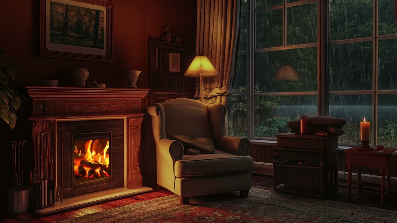 Cozy Fireplace Ambience with Rainy Window and Gentle Piano &ndash; Warm Room Sounds for Studying, Sleeping