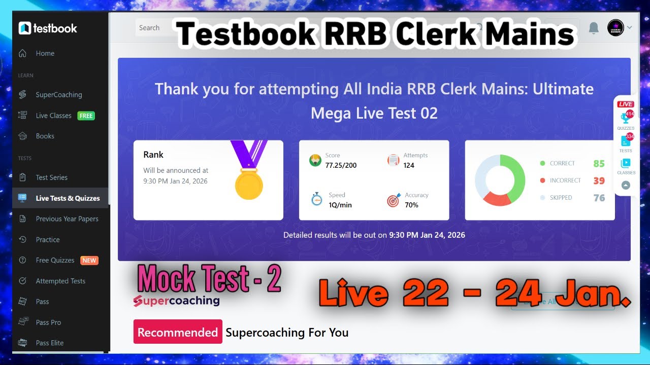 Testbook RRB Clerk Mains Live Mock Test | RRB Clerk Mains Full Length Mock Test | Live 22 Jan