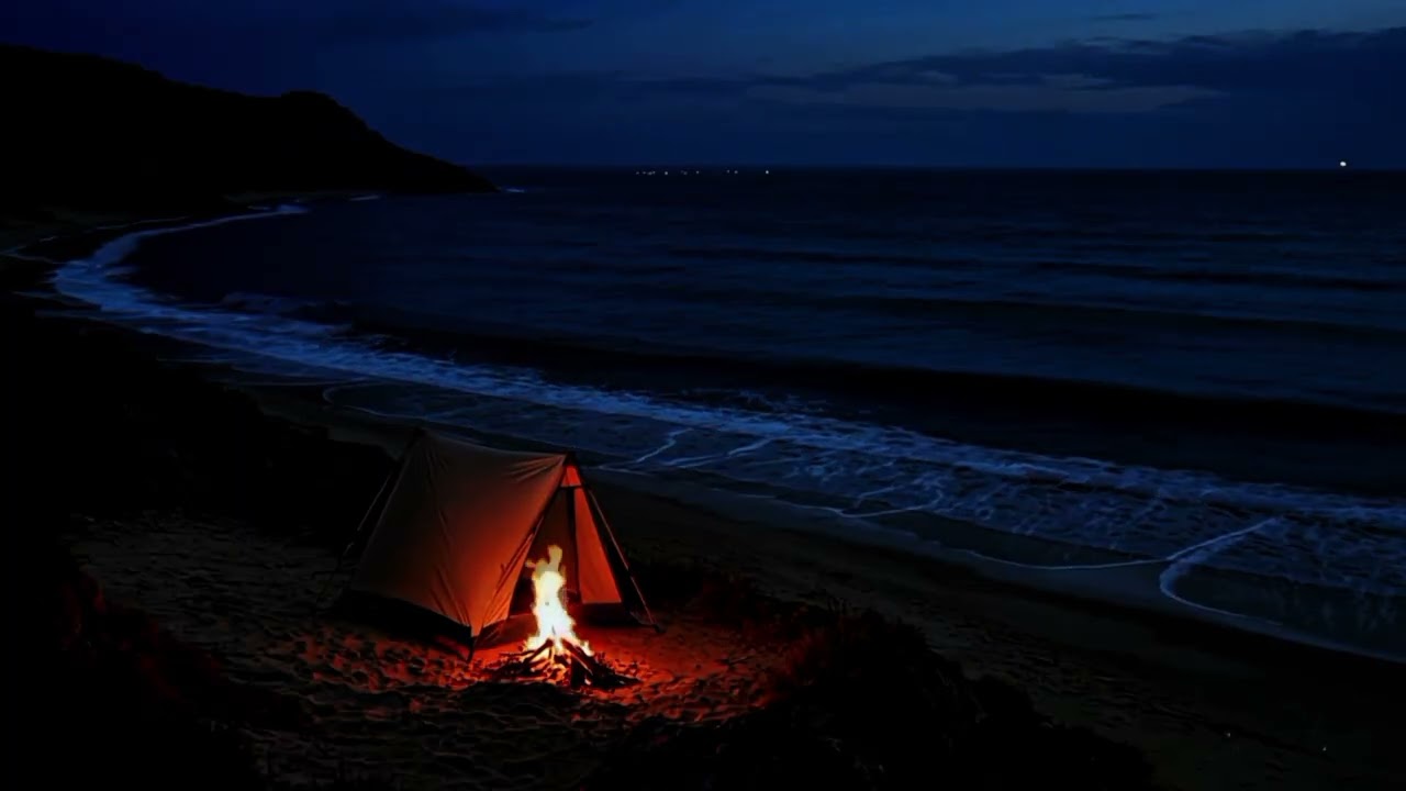 Night Beach Campfire | Calming Ocean Waves for Sleep