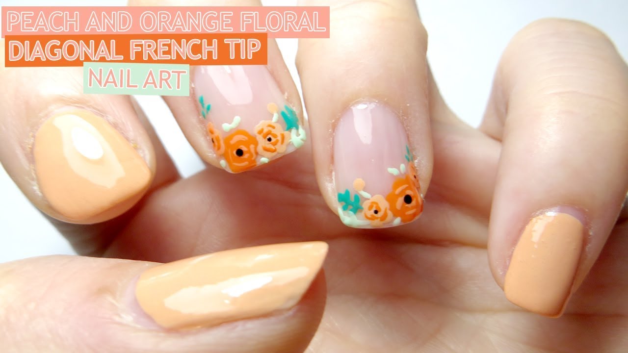 Peach and Orange Floral Diagonal French Tip Nail Art