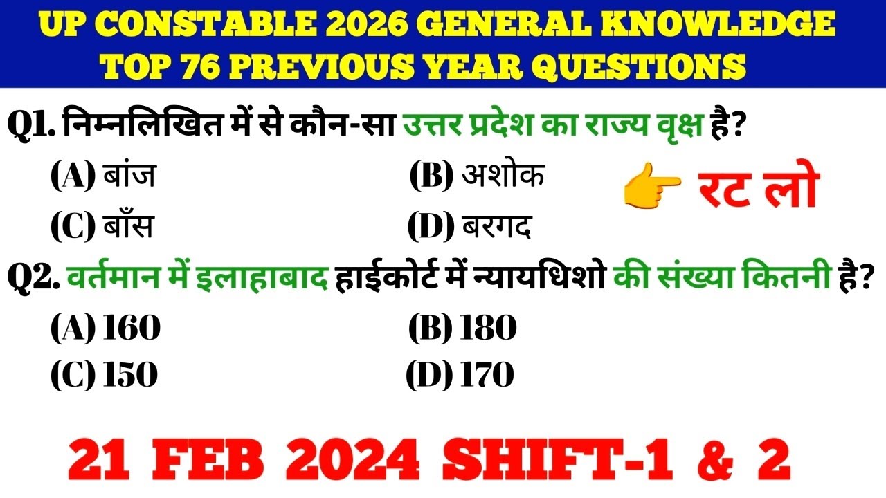 UP Constable 2026 Top 76 GK PYQ | Most Important 76 GK/GS Questions | UP Constable 2026 Special 