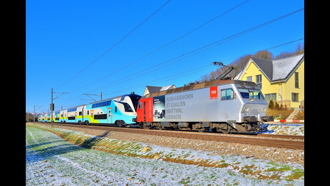 Bahnverkehr im Februar 2021 mit DSF Re456 (EX SOB) und Westbahn Kiss sowie BLS und SBB Loks