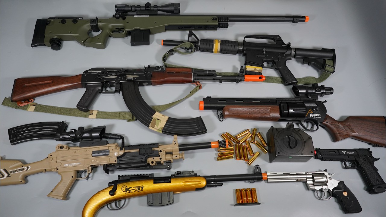 M249 Shell ejecting ToyGun AK47 Airsoft Nerf Gun AWP Sniper Rifle  - Realistic Toy Guns Collection