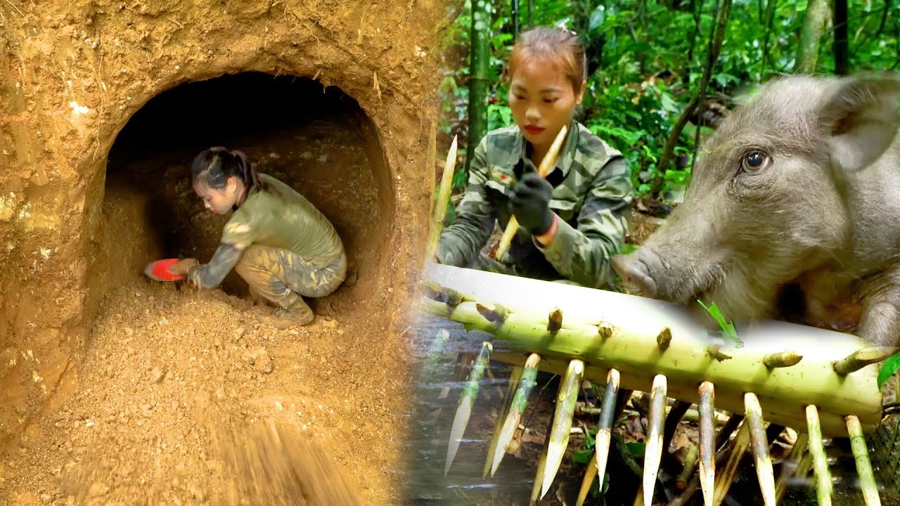 一次看爽之極品妹子麗姐280天單挑荒野，打造9類打野裝置捕捉野豬，製作魚籠和採用樹汁捕魚，製作薰魚，捕捉極品鱷魚，挖掘山洞庇護所，全能妹子太狂野！