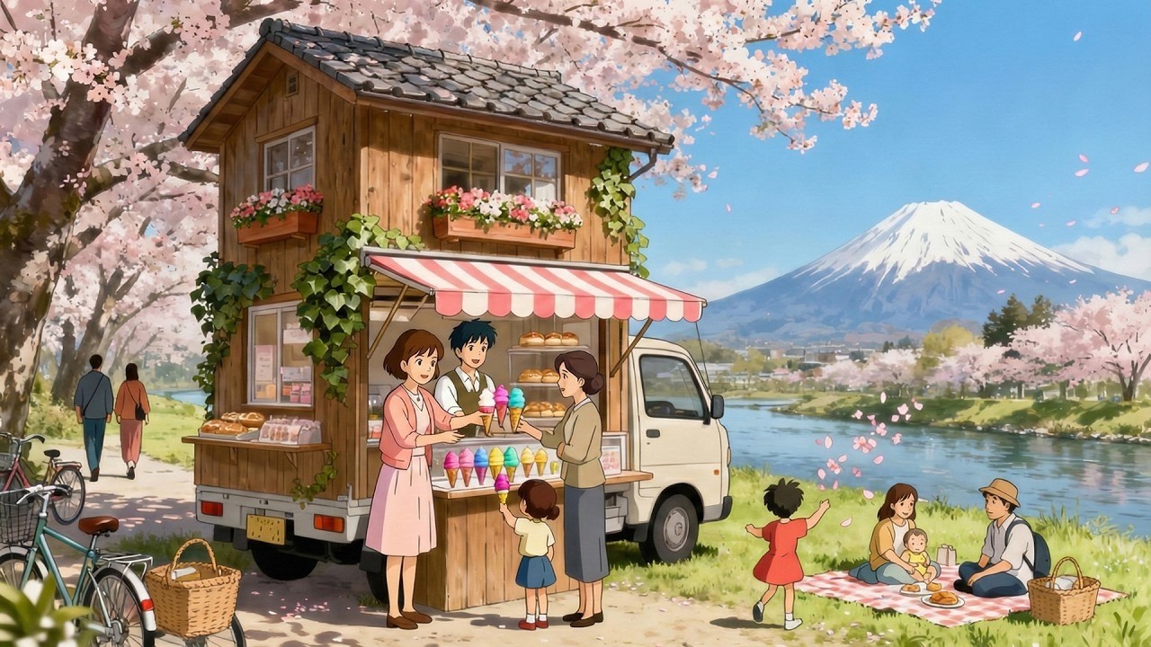 A Sunny Day on a Family Picnic & Cooking Sakura Cakes in Our Mobile Home   Ghibli Style Videos
