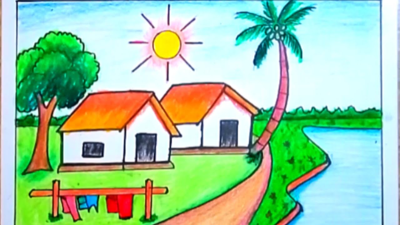 Beautiful Scenery Art with Oil Pastel|| Very Easy Village Scenery Drawing |||