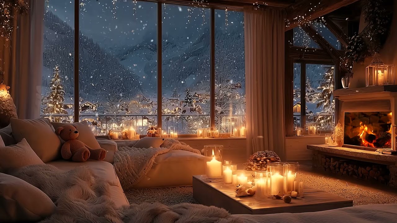 Soft Piano by the Fireplace | Snowfall Winter Ambience for Relax, Study & Sleep