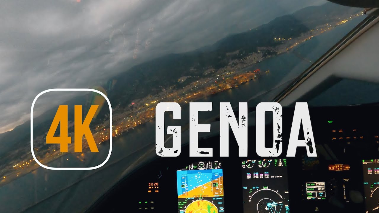 Sunset beautiful CIRCLE TO LAND approach to runway 10 in Genoa, Italy