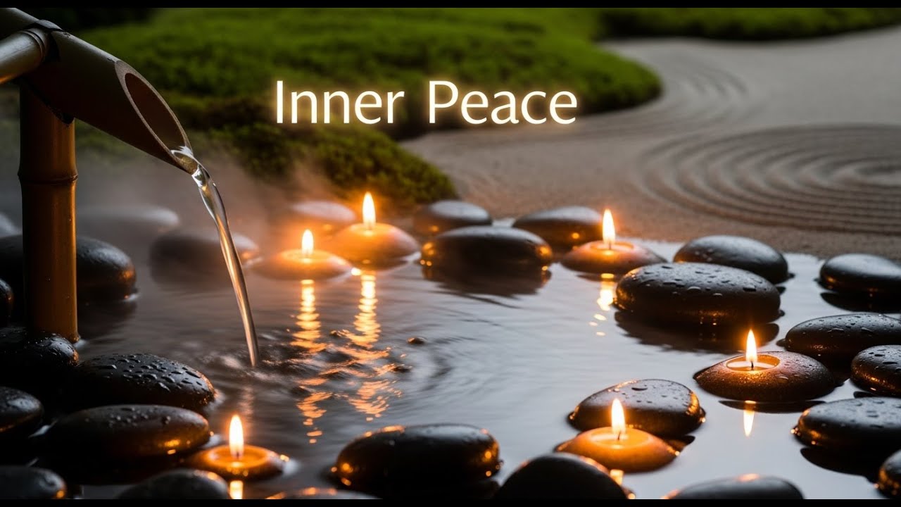 Calming Zen Meadow Flow Bamboo Fountain and Candle Glow for Meditation Deep Calm and Serenity