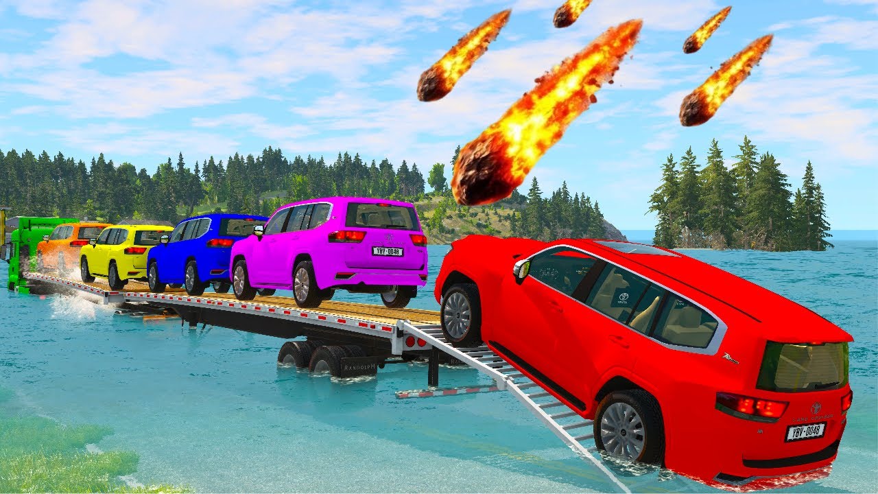 Triple Flatbed Trailer McQueen Transportation with Truck - Speedbumps vs Cars vs Train - BeamNG #17