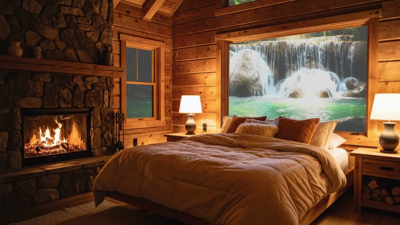 Cozy Night Ambience for Sleep Cabin Fireplace & Calm River Water