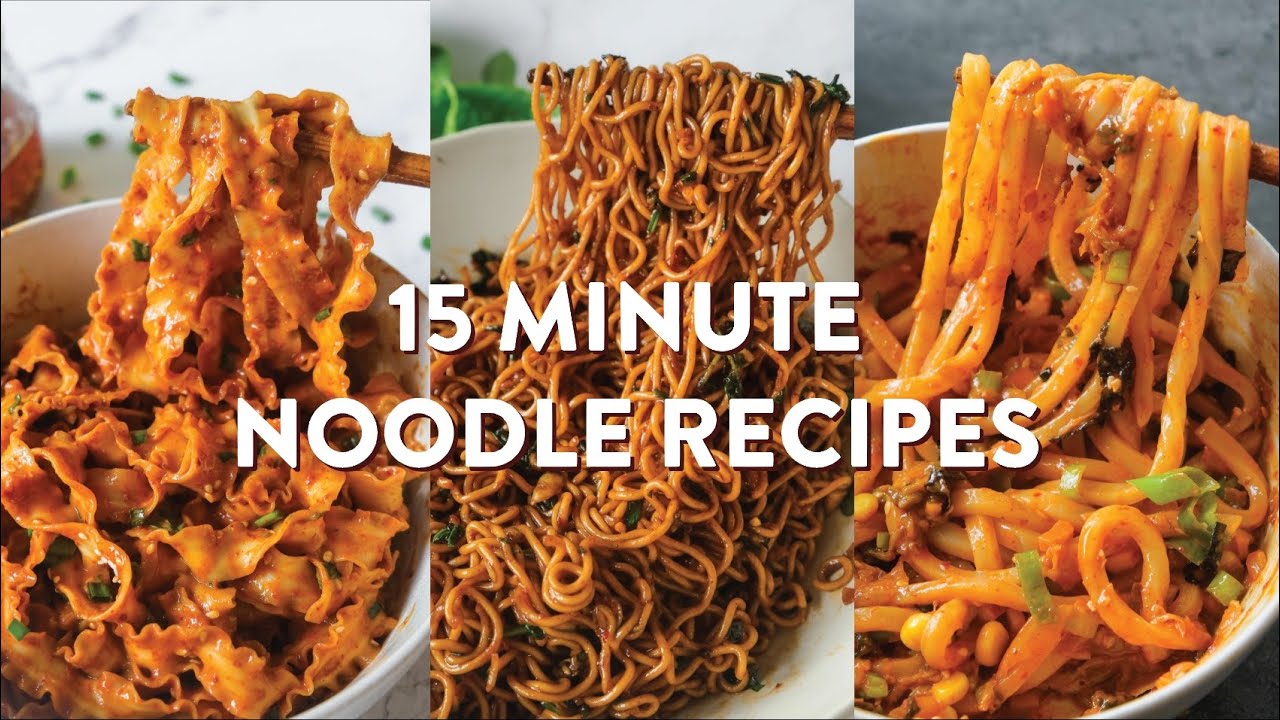 3 tasty vegan noodle recipes ready in 15 minutes or less! | spicy peanut, basil garlic, kimchi 🥢
