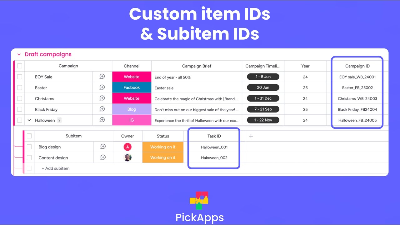 Custom item ID & subitem ID - monday.com marketplace app