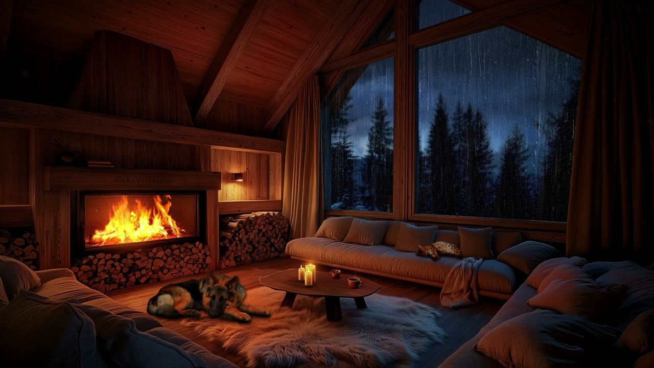 Grand Fireplace & Thunderstorm Night | Cozy Rain, Loft & Sleeping Pets