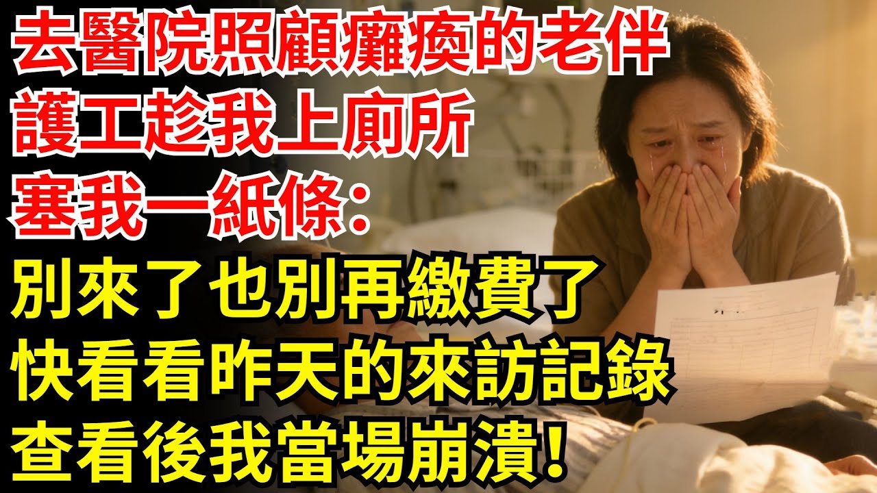 我去醫院照顧癱瘓的老伴，護工趁我上廁所，塞我一紙條：別來了，也別再繳費了，快看看昨天的來訪記錄！查看後，我當場崩潰！#老年故事#故事分享 #情感故事 #老伴#癱瘓 #醫院#護工
