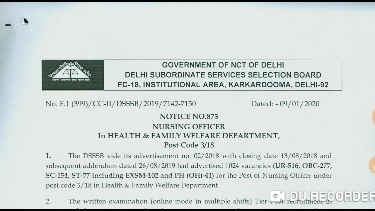 Dsssb Latest result post code 3/18