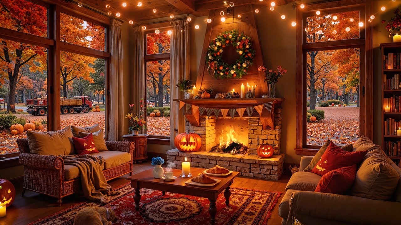Cozy Autumn Halloween Porch 🍂 Relaxing Jazz & Fireplace Glow for Stress Relief, Sleep