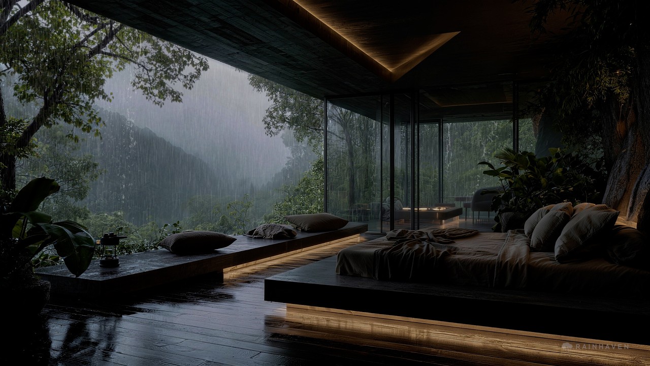 Rainforest Glass Cabin in Heavy Rain — Safe, Warm, Asleep in Minutes