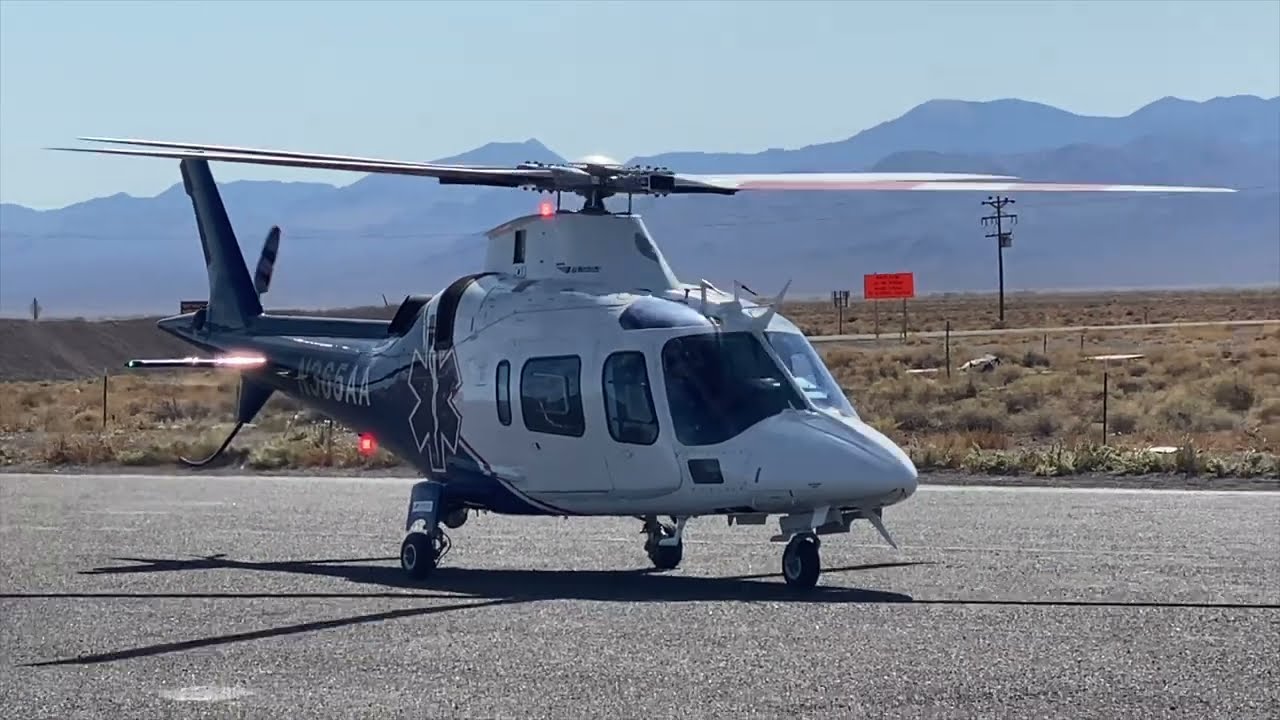 Mercy Air Ambulance Agusta A109E Helicopter Landing and Taking off from Scotty's Junction in Nevada