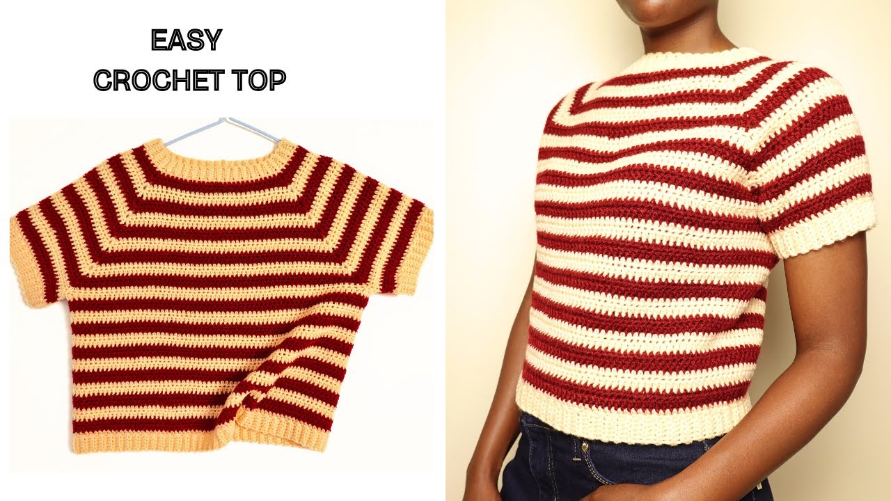 Easy Crochet Raglan Top | Seamless Top Down Stripped Tee