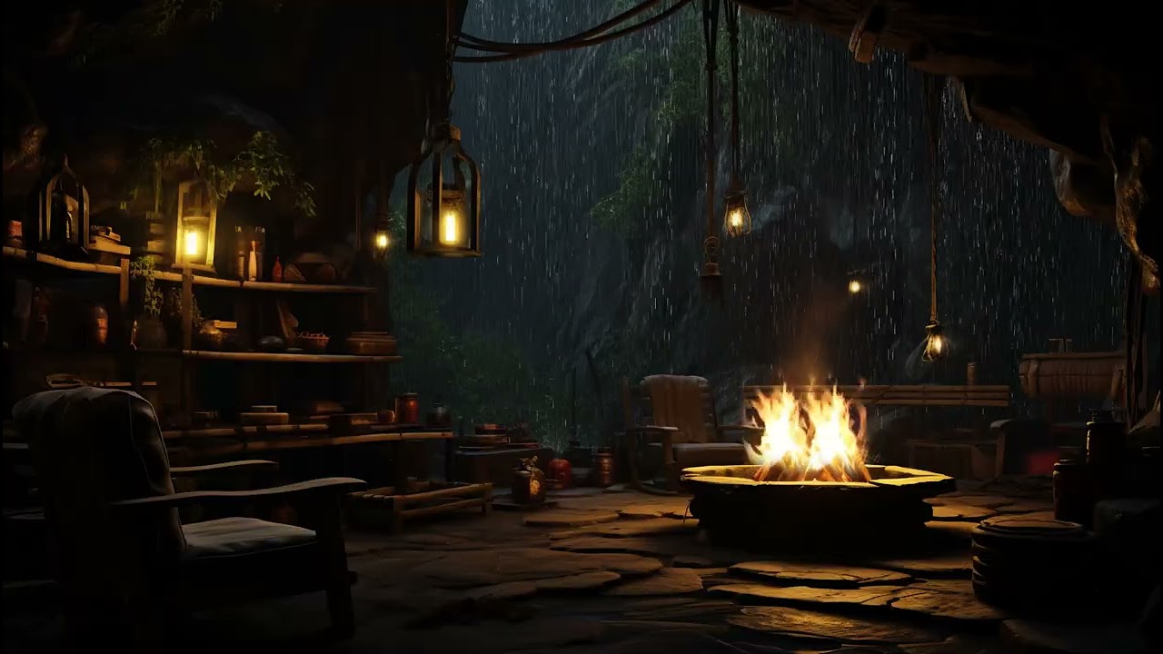 Cave Thunderstorm with Rain and Fireplace 🌙 Relaxing Ambience for Deep Sleep and Inner Healing