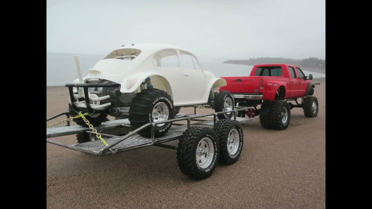 Tamiya F350 Crew Cab Dually Trailer Pull with VW Bug Tamiya Sand Scorcher