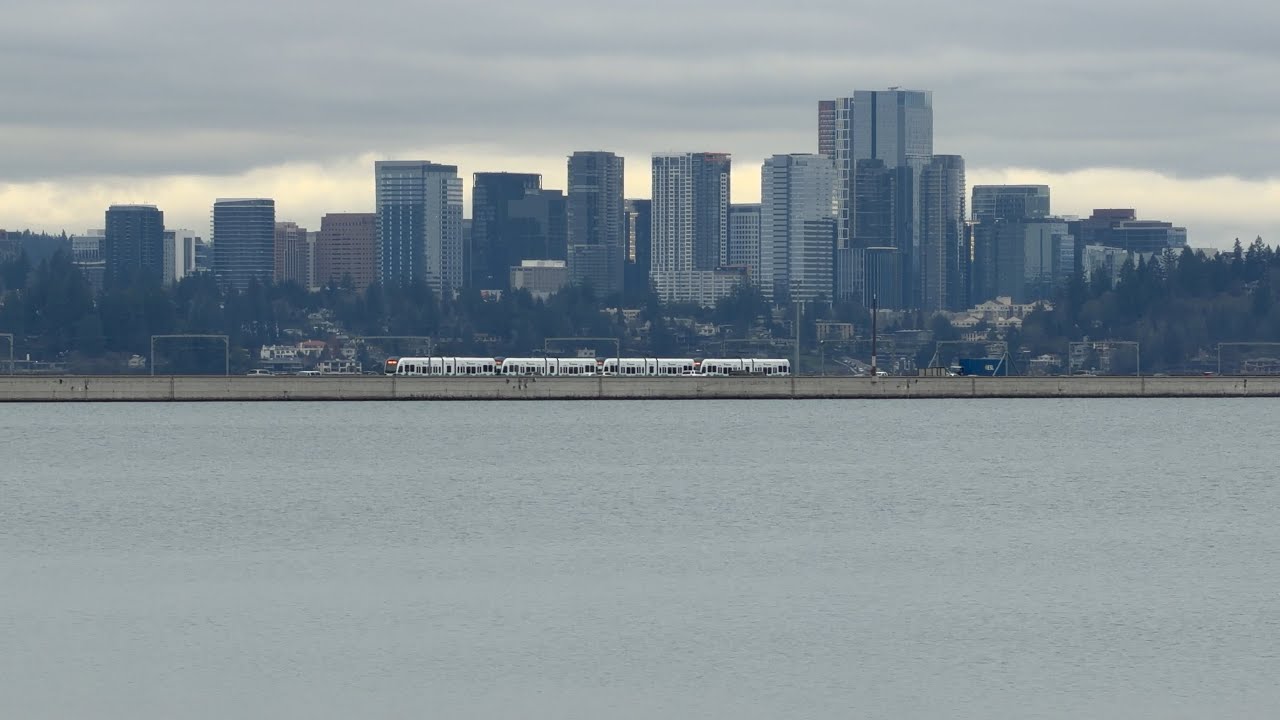 Sound Transit Link Trains Crossing The I-90 Floating Bridge.