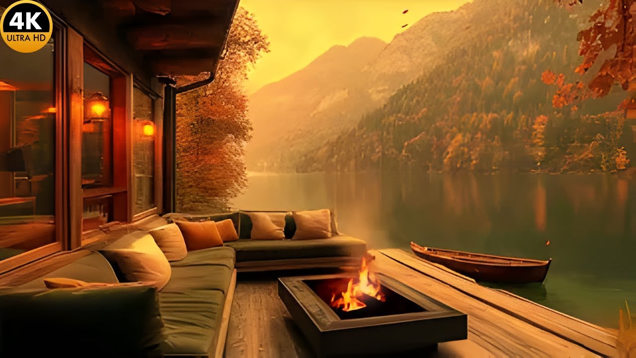Cozy Autumn Lake Porch 🍂 Fireplace Jazz & Nature Sounds