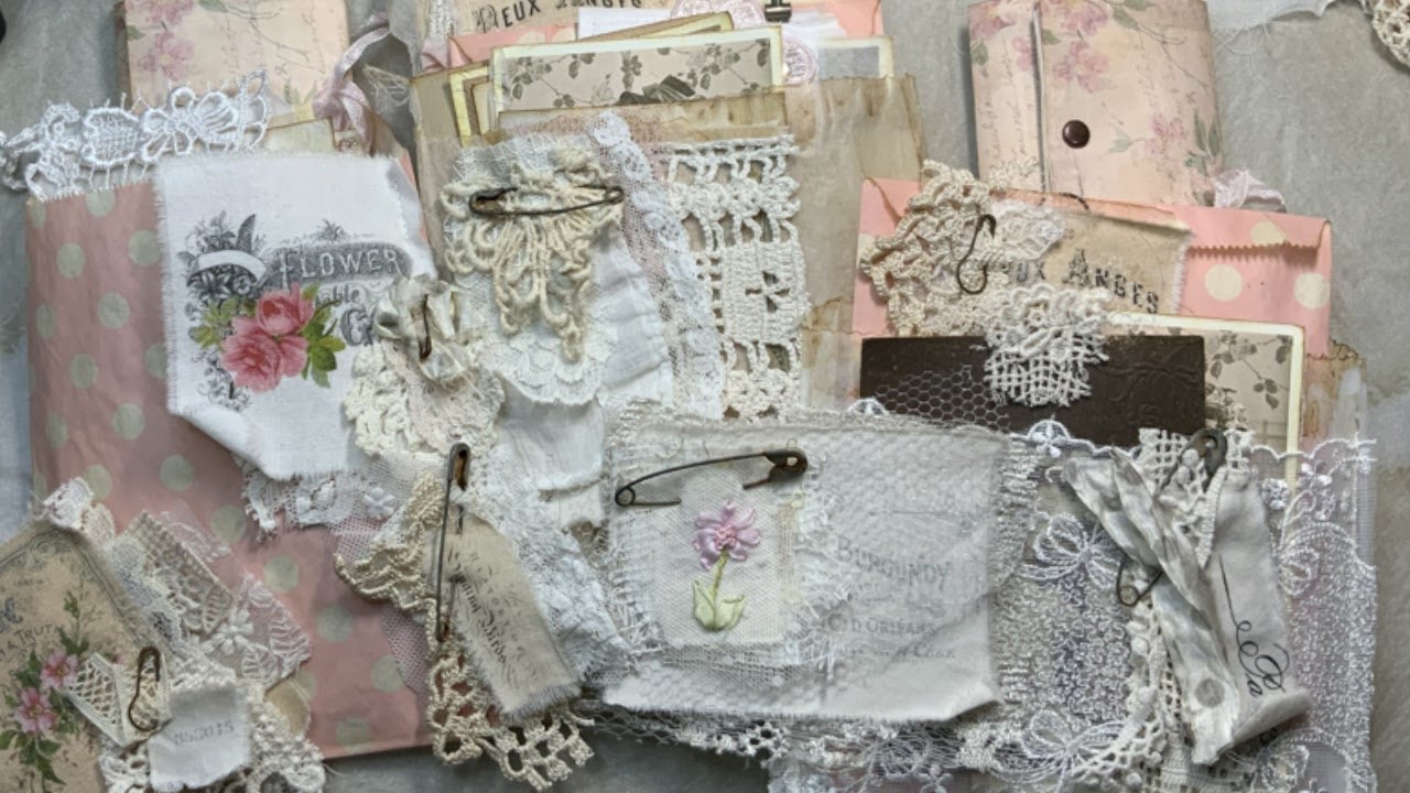 Shabby chic ephemera packs, lace & fabric labels clusters, altered bags -  Angie happy mail inspired
