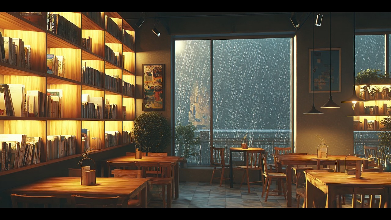 quiet japanese café library · rainy night · study bgm
