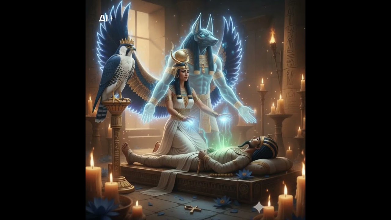 Isis brings Osiris back to life - Anubis stands watch - Horus the Falcon 