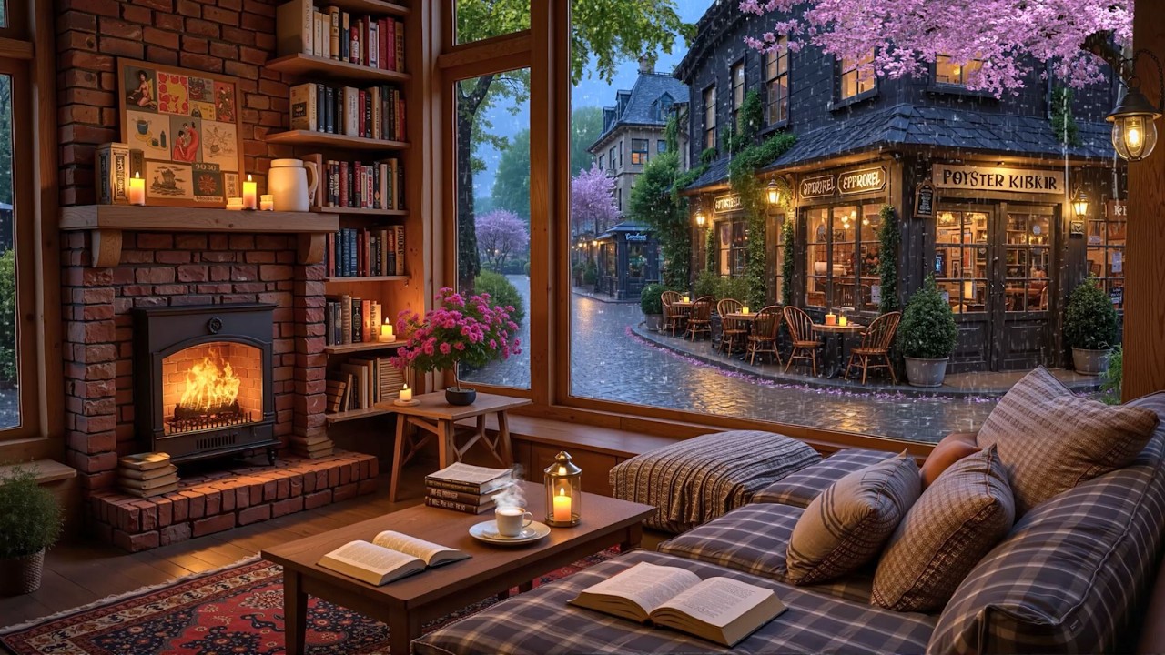 Кофейня Smooth Spring Rain ☕ Уютная джазовая фортепианная музыка, звуки дождя и камина