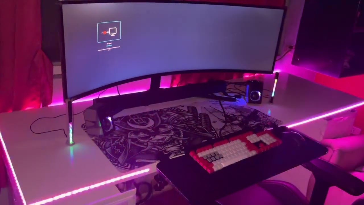White computer table with led strip light