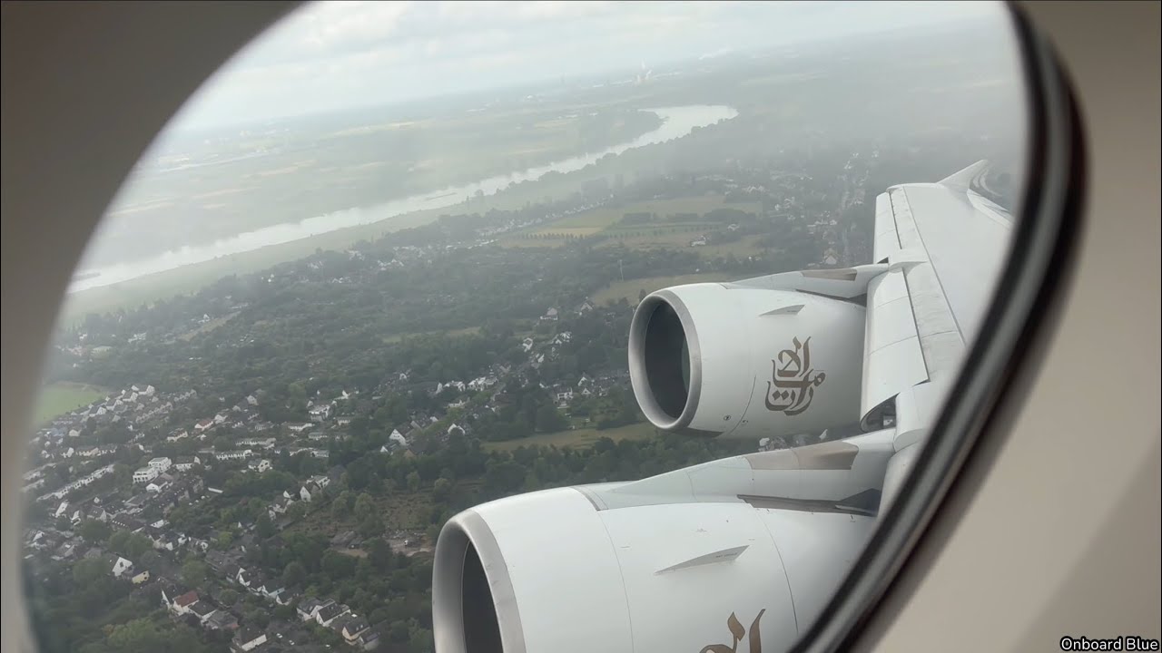 GREAT A380 ENGINE SOUND + view / Emirates Airbus A380 TAKE OFF from Dusseldorf Airport