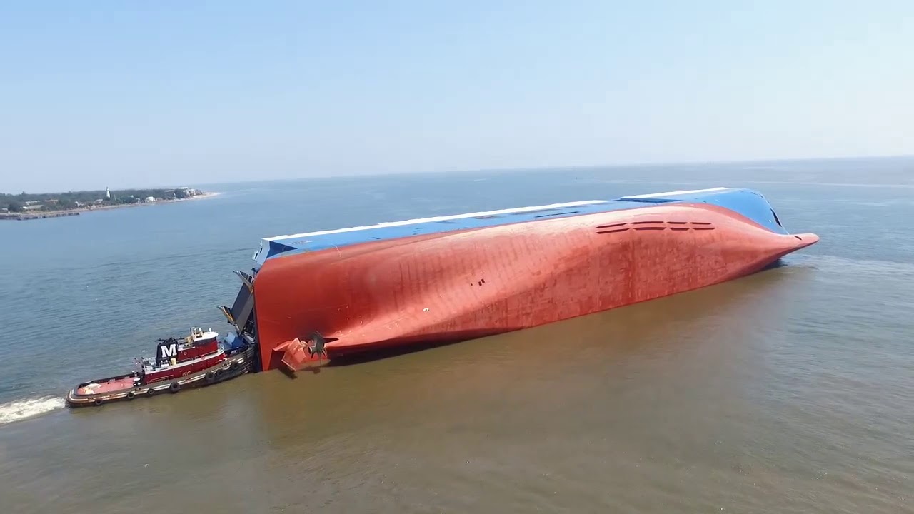 Drone Video Shows Listed Cargo Ship at St. Simon's Sound, Georgia