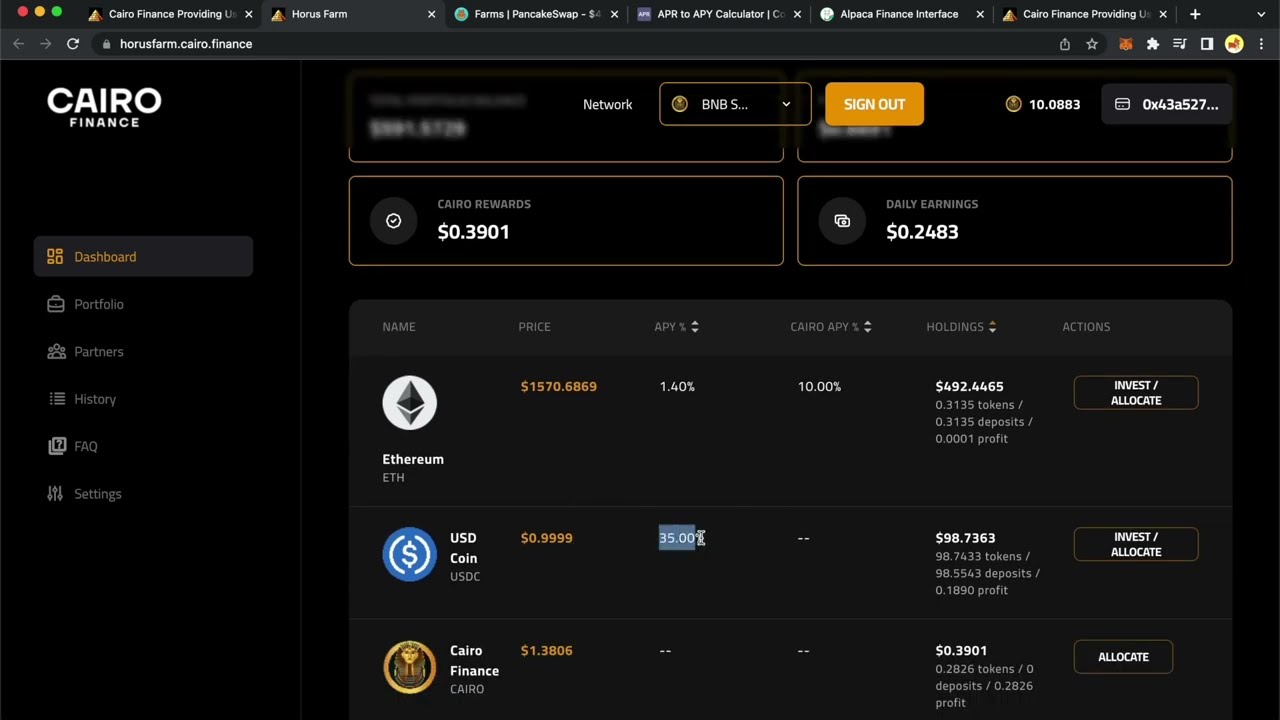 35% APY on STABLE COINS | CAIRO Finance Horus Farm