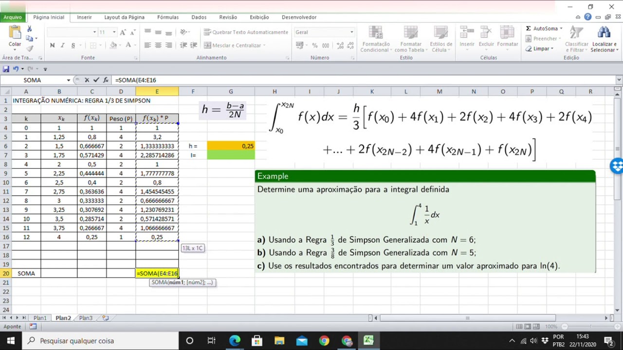 Aula 28 de Cálculo Numérico: Integração Numérica no Excel (Os Métodos dos Trapézios e de Simpson)