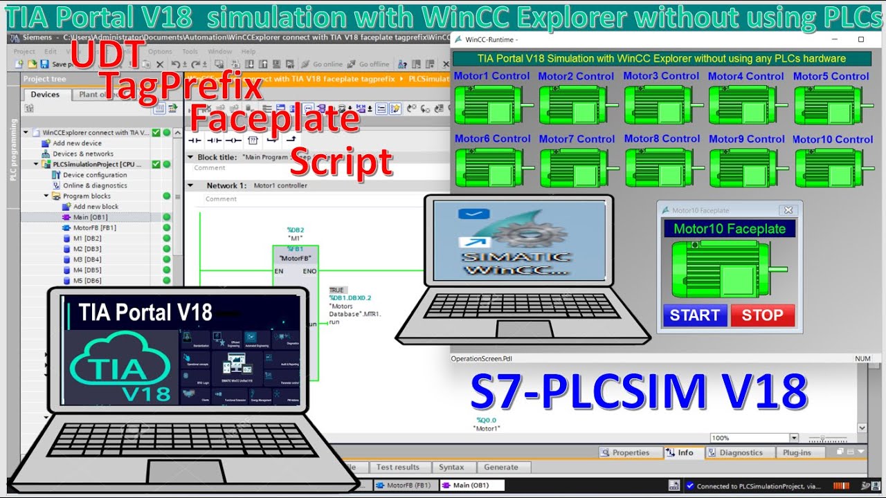 TIA Portal V18|WinCC Explorer V7.5 faceplate simulation without using PLCs hardware