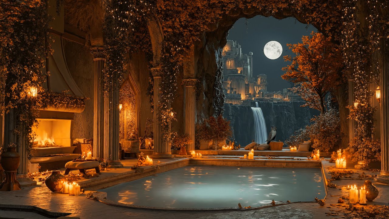 Enchanted Royal Bath by the Waterfalls | Relaxing Castle Ambience with Crackling Fire, Crickets, Owl