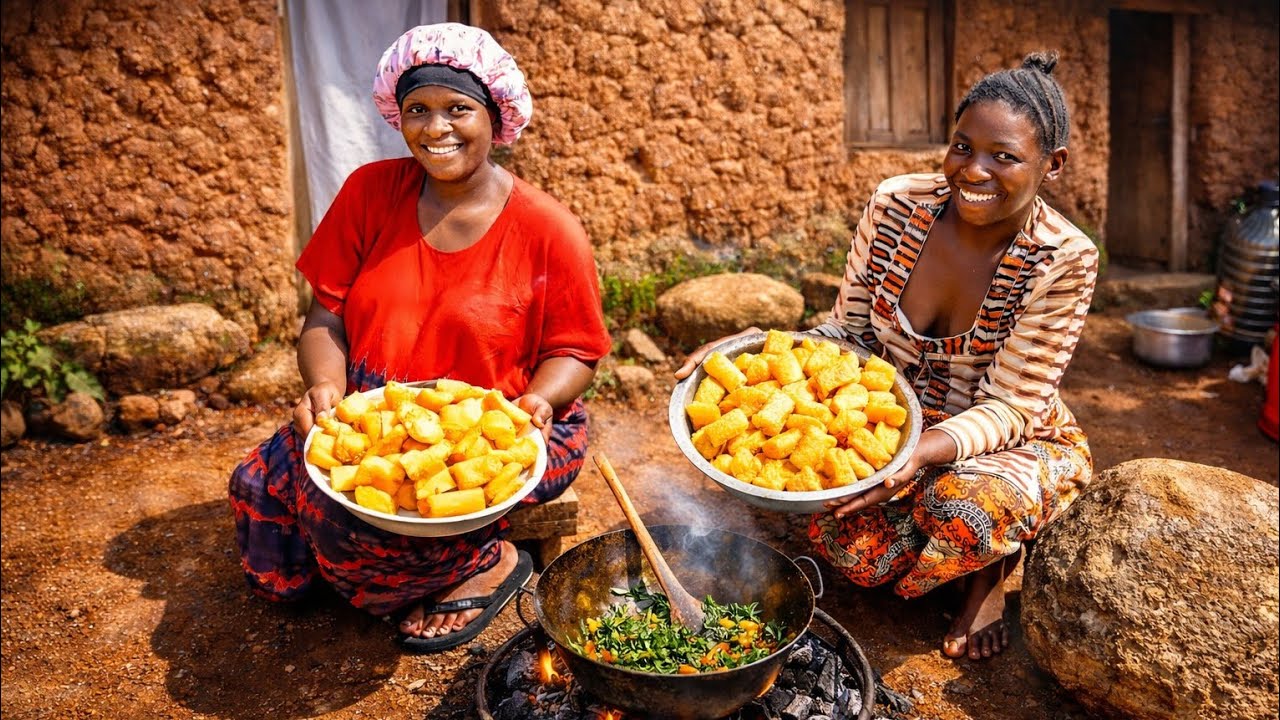 Traditional Village Breakfast: Crispy Fried Cassava with Fresh Organic Veggies 🥣🌿🔥