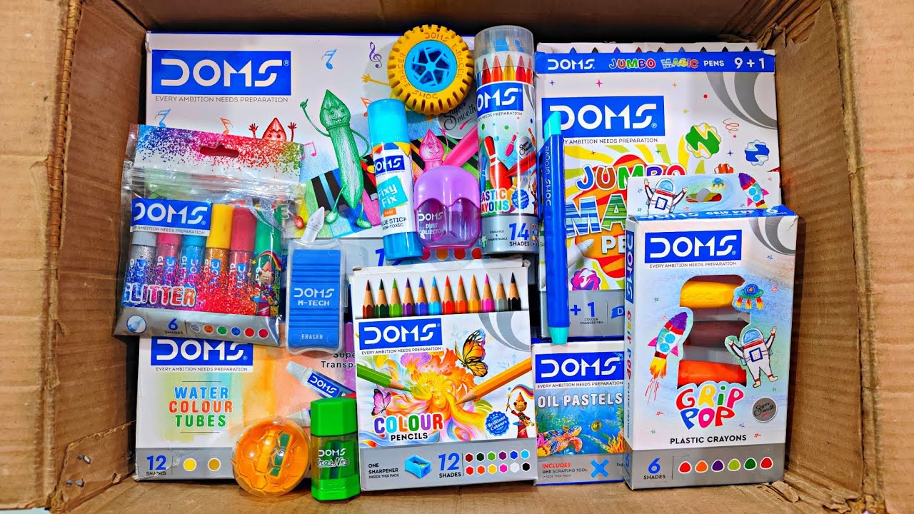 Unboxing DOMS Stationery items - Magic Pen  Plastic crayons, Water Colour, Eraser, Floating Marker