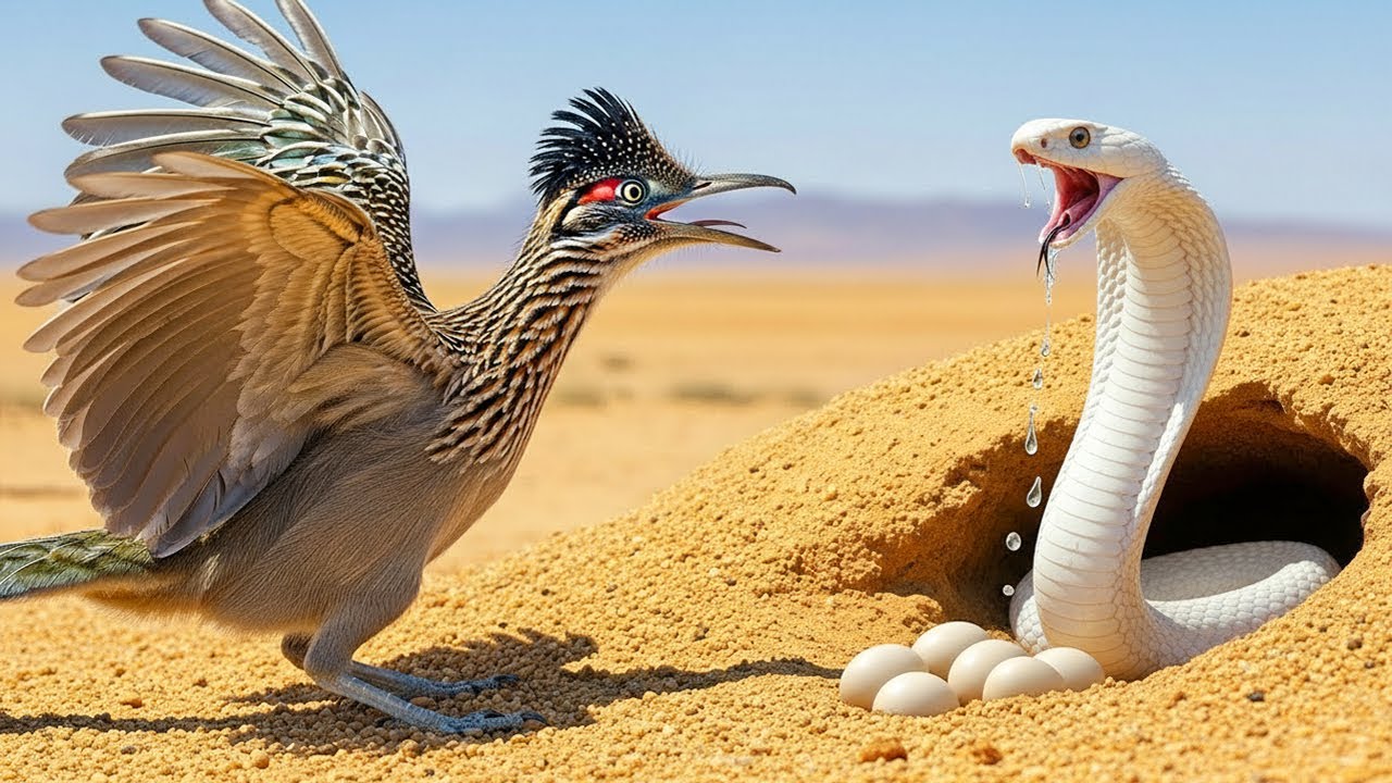 Roadrunner vs Deadly Cobra!  A Brutal Battle Over Eggs in the Desert.