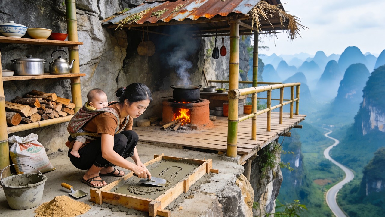 A Single Mom’s Busy Off Grid Days Building a Porch and Kitchen Floor with Her Little Son